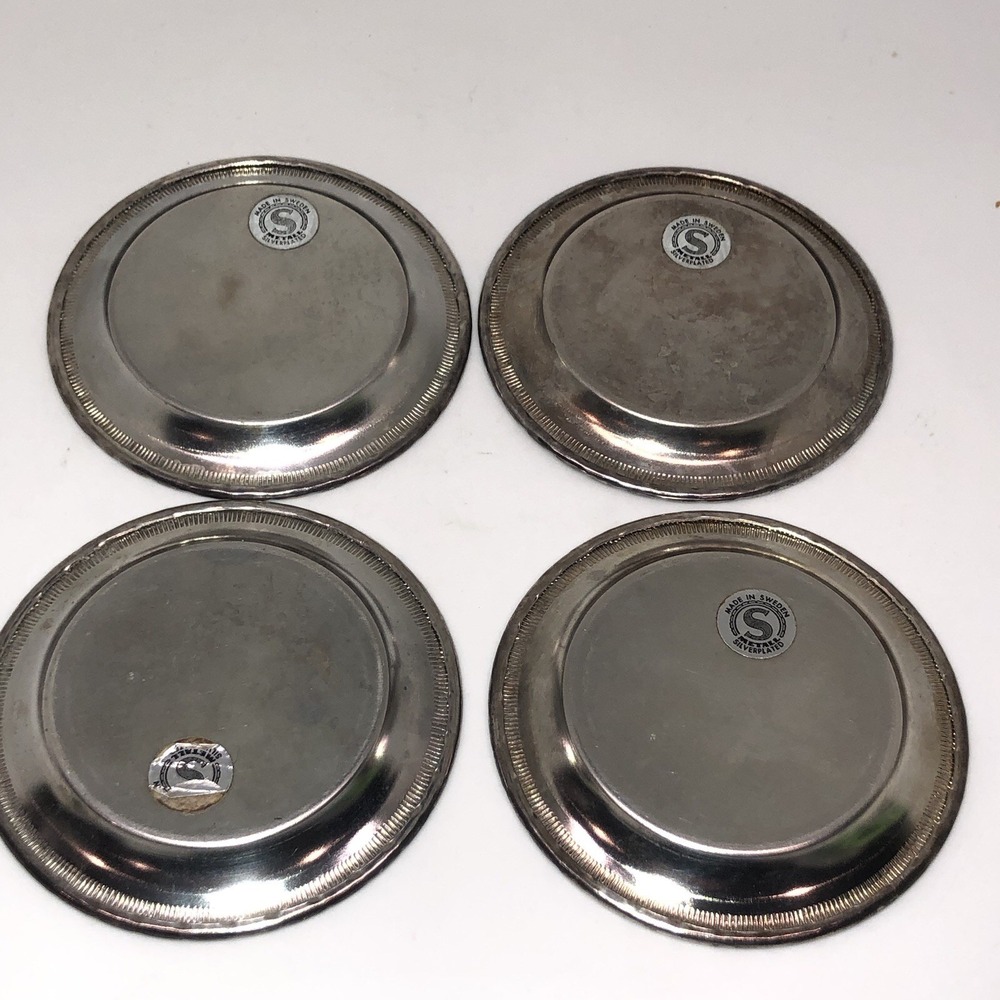 4x Mini Silver Plated Etched Plate Tray 4" Made In Sweden Trinket Dish - Picture 5 of 6